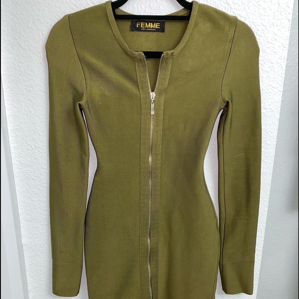 LA Femme Olive Green Bodycon Zipper Dress